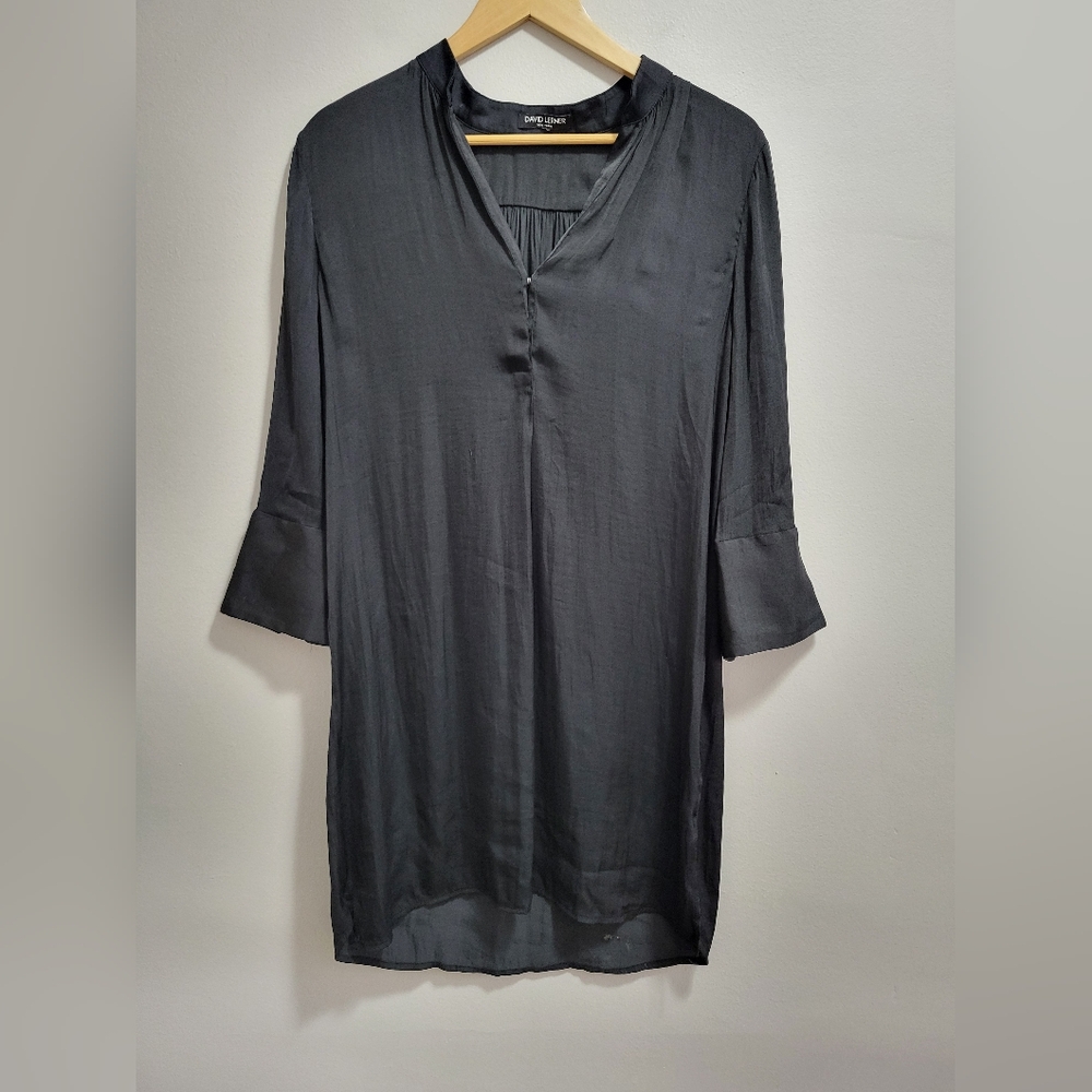 David Lerner Black Silky Shirt Dress 3/4 Length Sleeves Size Medium